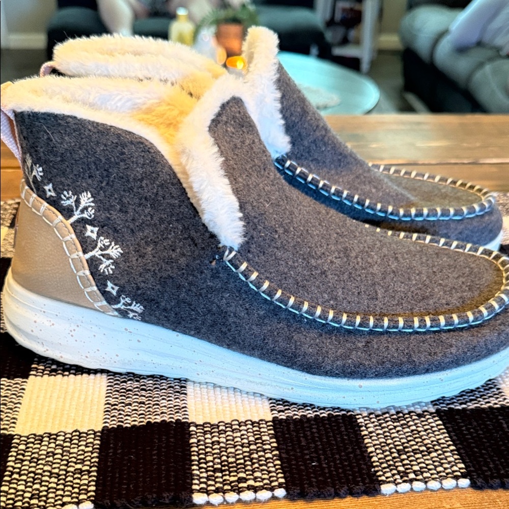 Hey Dude Gray and Cream Fleece Slip-Ons